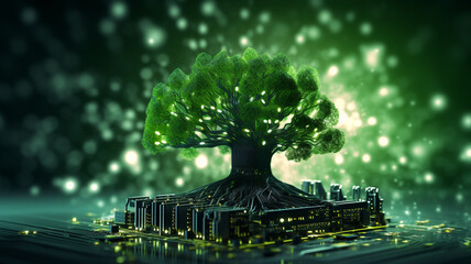 Digital green tree on computer circuit board, innovation and sustainability concept