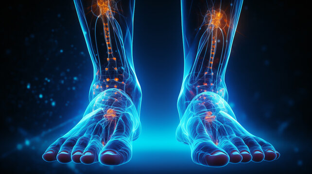 Joint paint or injury in feet and ankles, x-ray style illustration