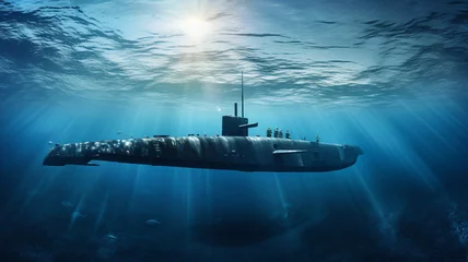 Foto op Plexiglas Generic military nuclear submarine floating in the middle of the ocean with a fighter jet in the background, wide poster design with copy space area © Artofinnovation