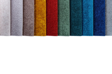 Fototapeta premium Colorful textile samples, isolated on white, transparent background, PNG. Fabric swatches, set in different colors for selection. Variety of upholstery material for furniture and interior.