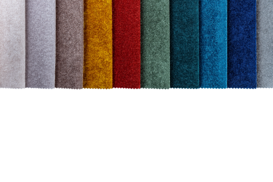 Colorful textile samples, isolated on white, transparent background, PNG. Fabric swatches, set in different colors for selection. Variety of upholstery material for furniture and interior.