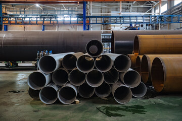 New steel pipes for pipeline construction in warehouse