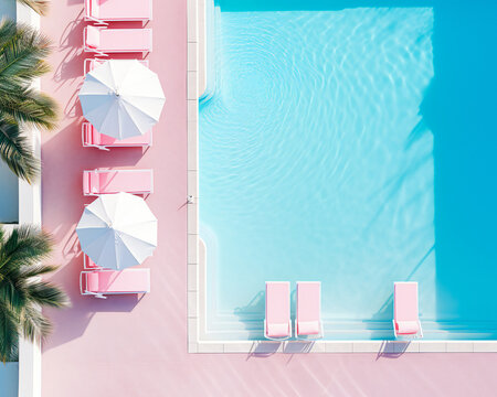 Summer Seduction: Poolside Aesthetics. Sultry Swim: The Allure of the Summer Pool. sun loungers and umbrellas viewed from above with space for copy space