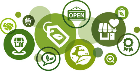 Buy local vector illustration. Green concept with icons related to small local shop / retailer, Sustainable / environmentally conscious shopping, eco product, support local community, customer loyalty