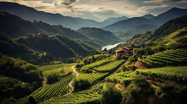 veduta di vigneti nella campagna toscana del chianti, colline di vitigni e casolari , cielo con qualche nuvola
