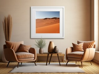 Desert Elegance: AI-Generated Mockup of Minimalist Interior with E-Frame and Wall Art