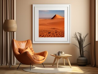 Desert Elegance: AI-Generated Mockup of Minimalist Interior with E-Frame and Wall Art