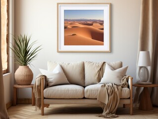 Desert Elegance: AI-Generated Mockup of Minimalist Interior with E-Frame and Wall Art