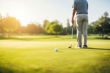 Fototapeta premium Professional golf player training at golf course at summer day. Man hitting golf ball on green field. Created with Generative AI