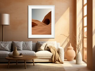 Desert Elegance: AI-Generated Mockup of Minimalist Interior with E-Frame and Wall Art
