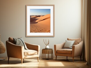 Desert Elegance: AI-Generated Mockup of Minimalist Interior with E-Frame and Wall Art