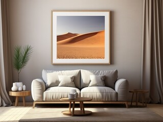 Desert Elegance: AI-Generated Mockup of Minimalist Interior with E-Frame and Wall Art