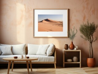 Desert Elegance: AI-Generated Mockup of Minimalist Interior with E-Frame and Wall Art