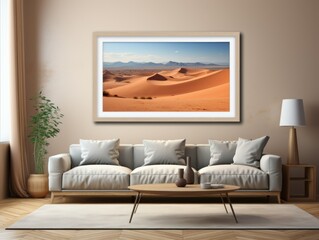 Desert Elegance: AI-Generated Mockup of Minimalist Interior with E-Frame and Wall Art