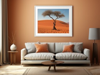 Desert Elegance: AI-Generated Mockup of Minimalist Interior with E-Frame and Wall Art