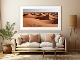 Desert Elegance: AI-Generated Mockup of Minimalist Interior with E-Frame and Wall Art