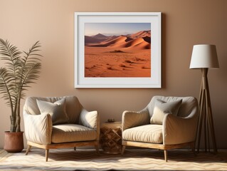 Desert Elegance: AI-Generated Mockup of Minimalist Interior with E-Frame and Wall Art