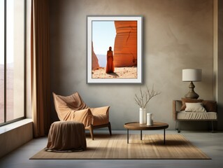 Desert Elegance: AI-Generated Mockup of Minimalist Interior with E-Frame and Wall Art