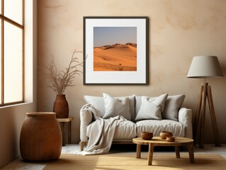 Fototapeta premium Desert Elegance: AI-Generated Mockup of Minimalist Interior with E-Frame and Wall Art