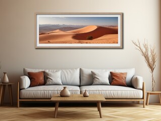 Desert Elegance: AI-Generated Mockup of Minimalist Interior with E-Frame and Wall Art