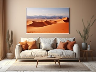 Desert Elegance: AI-Generated Mockup of Minimalist Interior with E-Frame and Wall Art