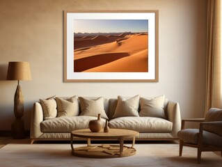 Desert Elegance: AI-Generated Mockup of Minimalist Interior with E-Frame and Wall Art