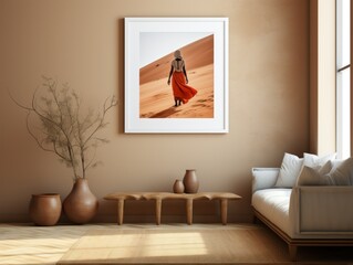 Desert Elegance: AI-Generated Mockup of Minimalist Interior with E-Frame and Wall Art