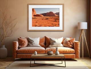 Desert Elegance: AI-Generated Mockup of Minimalist Interior with E-Frame and Wall Art
