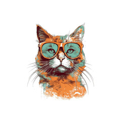 Illustration of modern orange cat head with sunglasses looking at you. Perfect gift for each cat lover.