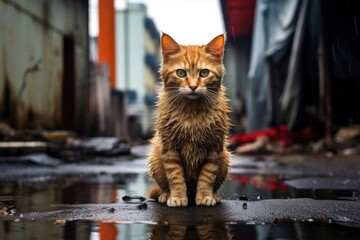 Urban long haired ginger cat sitting in an alley way