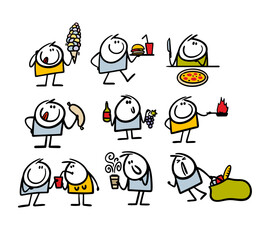 Set of fast and healthy food illustrations. Vector collection people eat and dring in cafe.