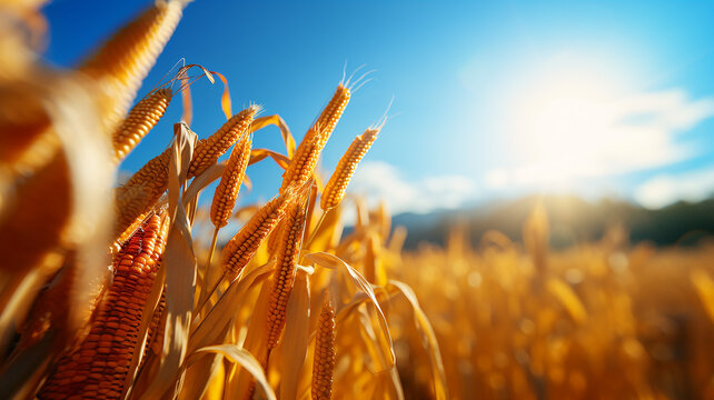 sfondo estivo di campo con pannocchie mature, chicchi di mais in primo piano , luce naturale, leggero bokeh e cielo azzurro