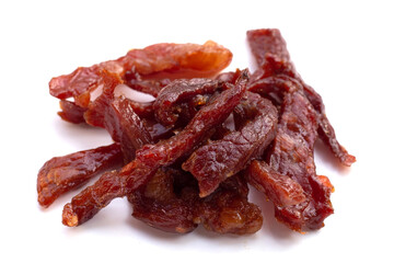 Fried dried beef on white background.