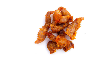 Fried crispy pork on white background.