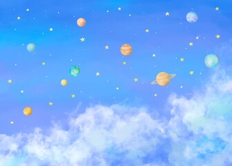 宇宙に浮かぶ太陽系惑星のかわいい水彩イラスト。