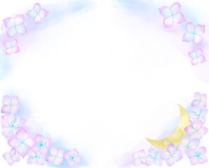 紫色の花々に囲まれた三日月のフレーム。ファンタジックで美しい水彩イラスト。