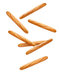 Falling Baguette isolated on white background, full depth of field