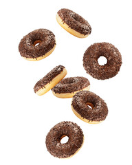 Falling chocolate Donut isolated on white background, full depth of field