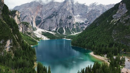 Naklejka na ściany i meble drone photo Lake Braies, lago di braies Dolomites Italy