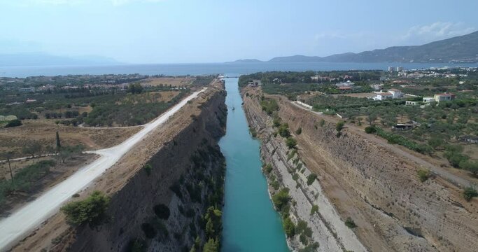 Aerial view of sailboat in corinth canal, Greece 