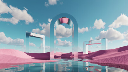3d render. Abstract fantastic background. Surreal fantasy landscape. Pink sand dunes, calm water and geometric mirror arches under the blue sky with white clouds. Modern minimal wallpaper