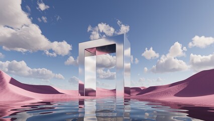 3d render. Abstract fantasy panoramic background. Surreal scenery of pink sand dunes under the blue sky with white clouds, mirror geometric portal above the calm water. Modern minimal wallpaper - obrazy, fototapety, plakaty