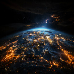 the earth seen from space, light reflections and flashes form a spatial atmosphere Generative AI