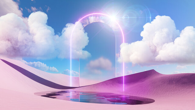 3d render. Abstract aesthetic background. Surreal fantasy landscape. Water in the middle of the pink desert, vertical neon arch and mirror under the blue sky with white clouds. Spiritual wallpaper