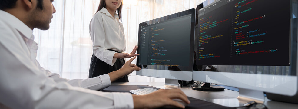 Software development team working together in office, coding script display on computer monitor. Programmer and software engineer working in tech developer company. Trailblazing
