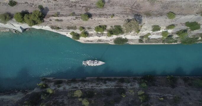 Aerial view of sailboat in corinth canal, Greece 