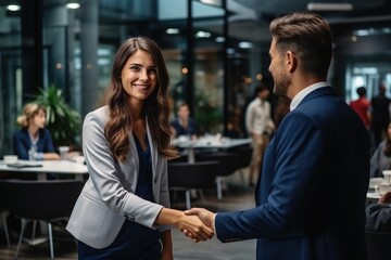 Office handshake, deal, woman gets a job in the office