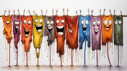 Whimsical Mayhem: Dripping Crayon Drawing Cartoon of a Crazy, Mad Insane Clothesline with Weird Dancing Clothes, Generative AI