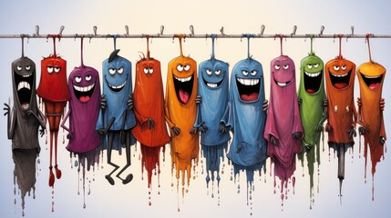 Whimsical Mayhem: Dripping Crayon Drawing Cartoon of a Crazy, Mad Insane Clothesline with Weird Dancing Clothes, Generative AI