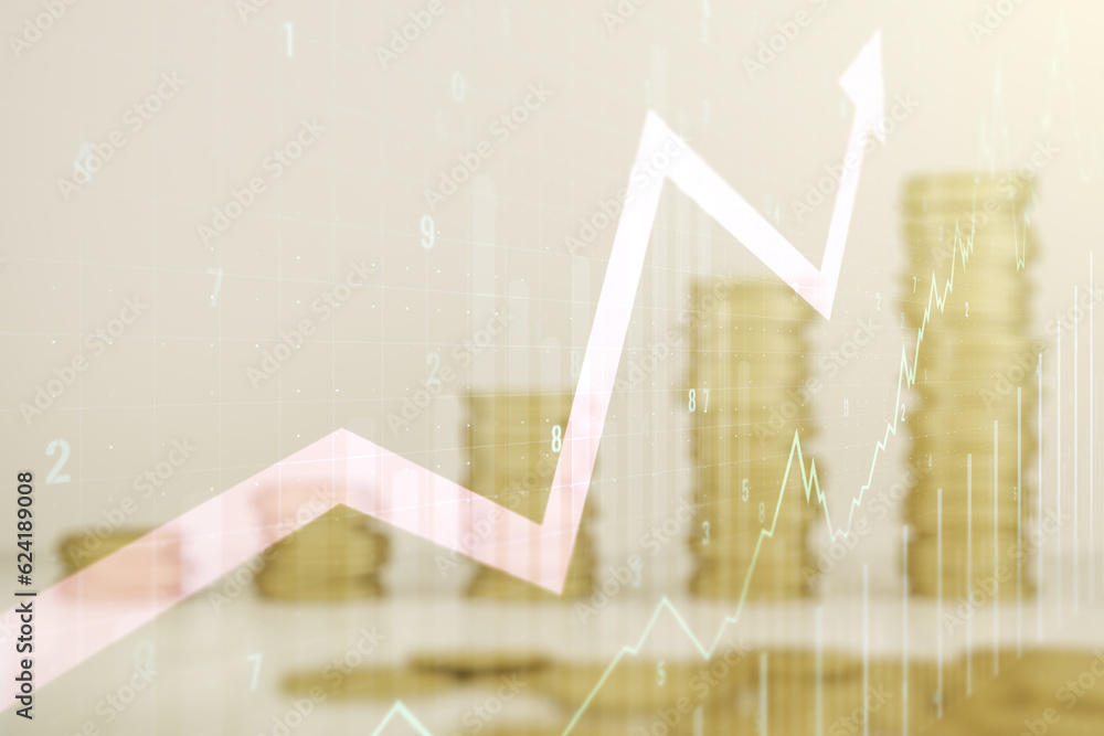 Poster multi exposure of virtual abstract financial chart and upward arrow interface on growing stacks of c
